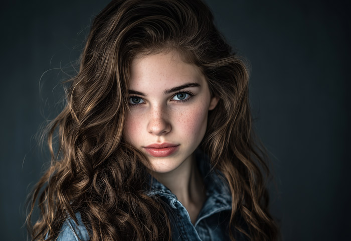 beautiful teen girl with dark hair and blue jean jacket