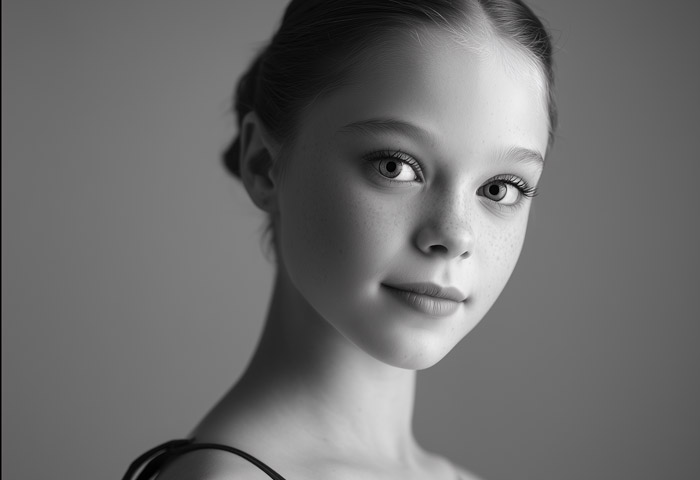 black and white photo of teen girl with dark hair
