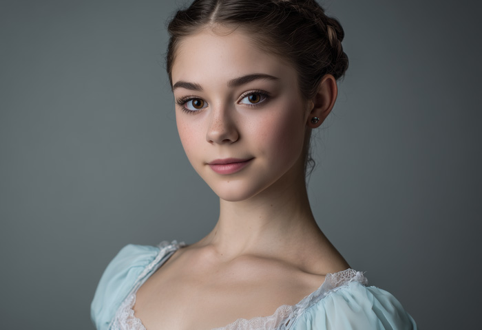 fourteen year old girl model with dark hair and blue dress