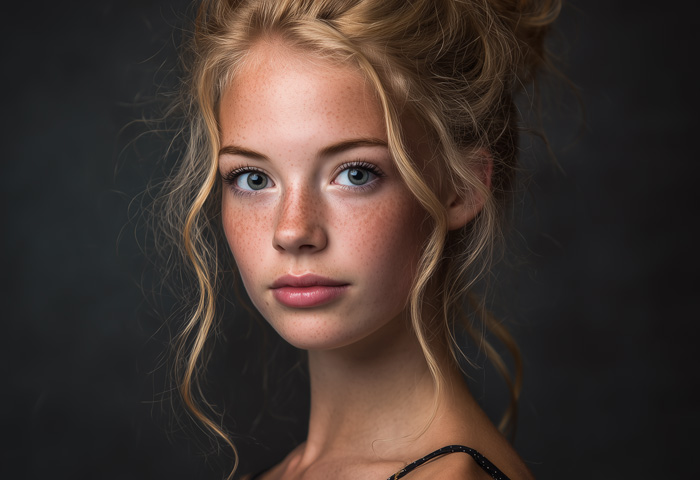 reddish blonde freckled teen girl portrait