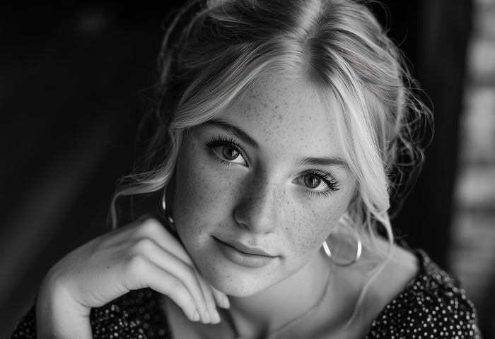black and white high school girl posing with hand under chin