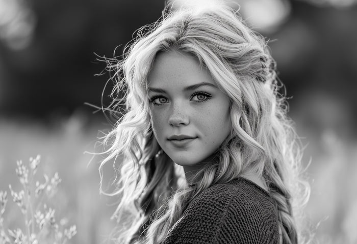 black and white portrait of blonde haired girl in field