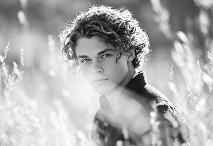 black and white portrait senior high school guy in tall grass field