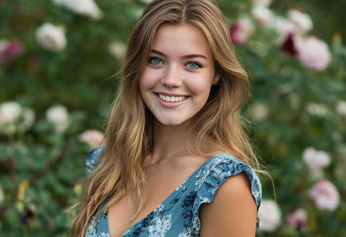 blue dress wearing teen girl posing outside