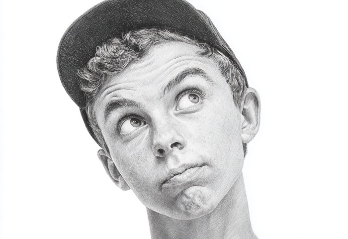 boy comedian wearing baseball cap and pondering