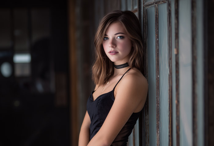 dark haired teen girl wearing dark gown leaning against wall