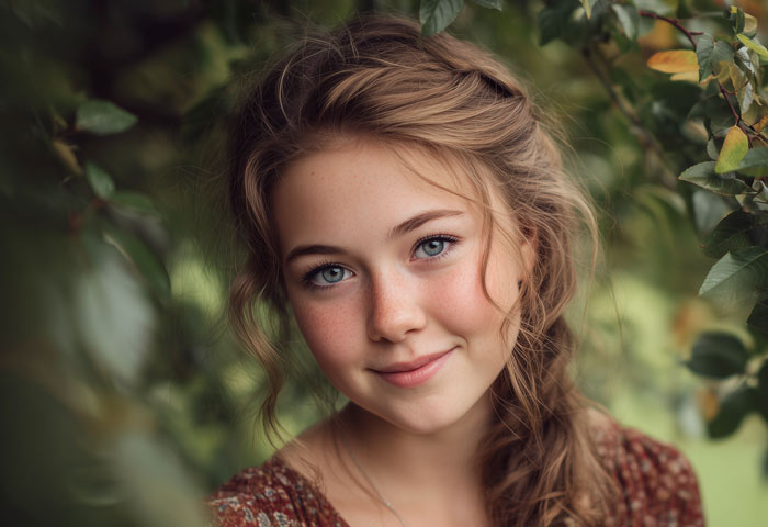 dirty brown haired teen girl smiling with tree in portrait background