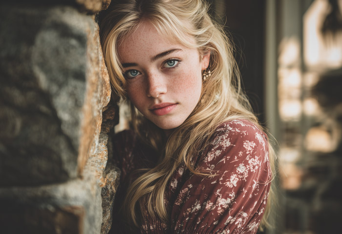 freckled blonde haired girl posing against rock wall