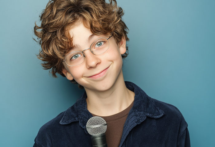 grinning young boy comedian with microphone
