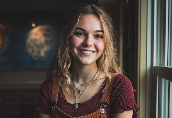 high school girl in casual clothing posing by window