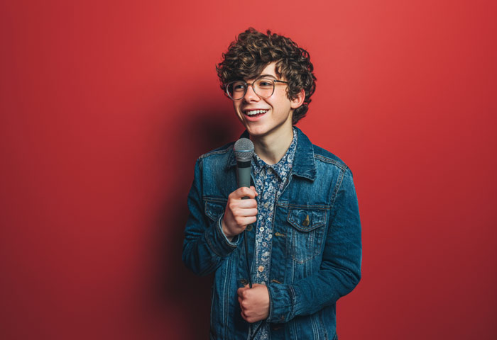 middle school boy comedian holding microphone