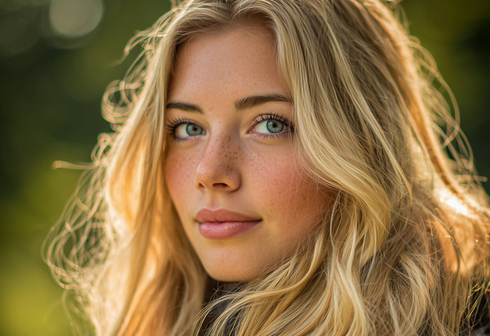 portrait of blonde haired teen girl outside