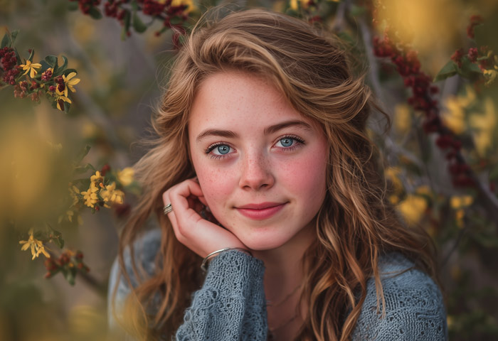 pretty teen girl with blonde hair looking thoughtfuly toward camera