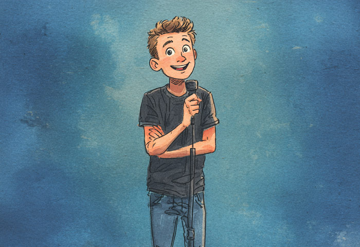sketch of teen boy comedian on stage doing standup