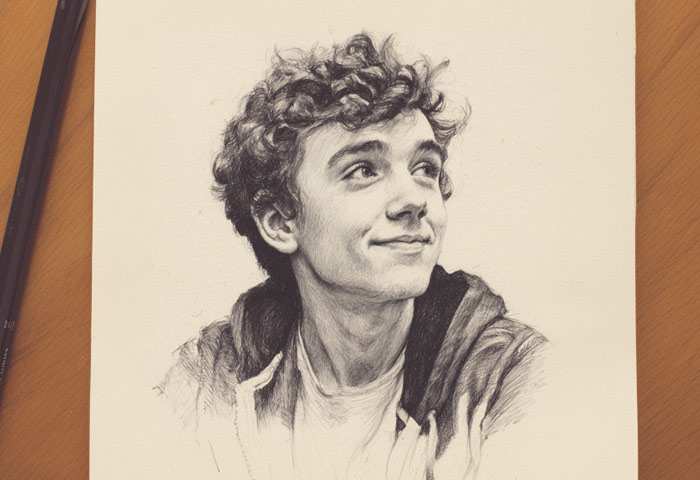 slightly smiling teen guy comedian pencil sketch