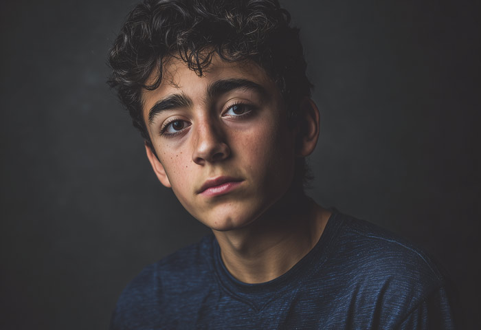 somber teen boy with dark hair posing for portrait