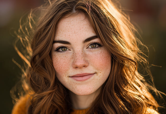 sun shining on brown haired girls face