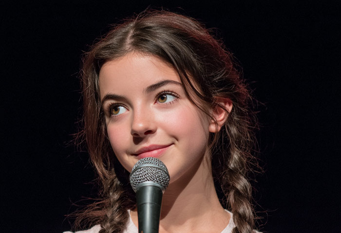teen girl comedian slightly smiling during stage performance