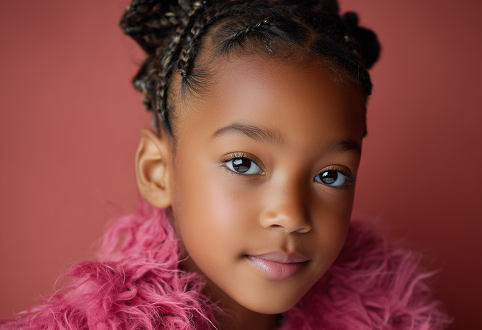young black american girl with pink feathers around her neck