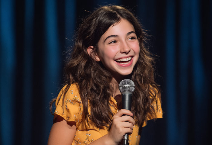 young girl comedian laughing during stage performance