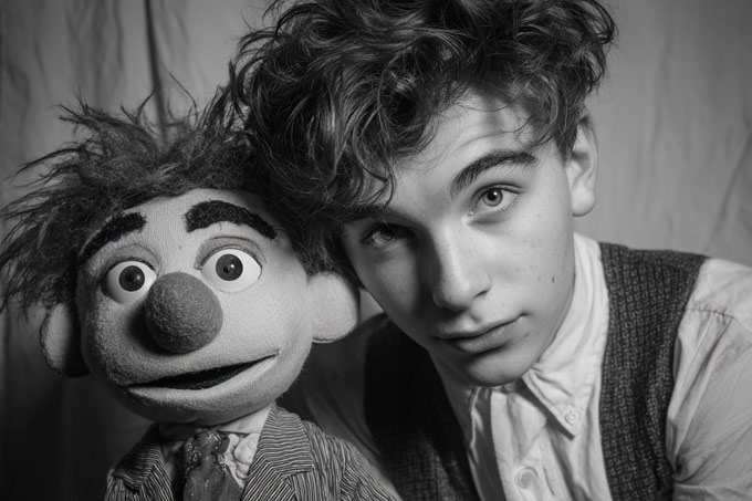 high school teen ventriloquist performer with vent figure doll