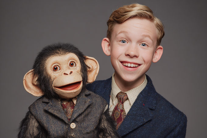teen boy entertainer with monkey ventriloquist figure