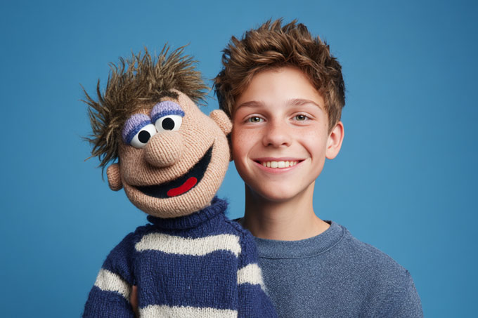 young teen ventriloquist student boy holding puppet